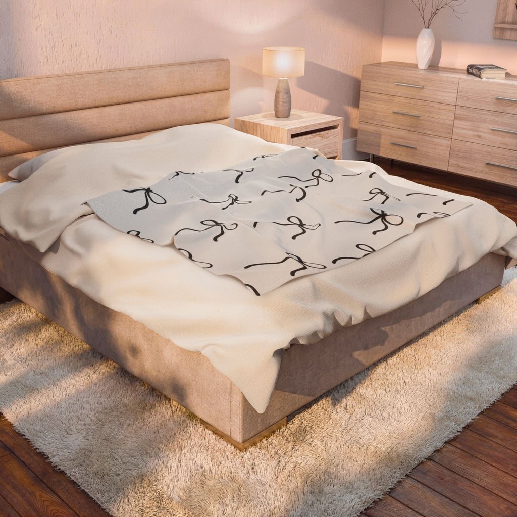 Velveteen Plush Blanket — Minimal Black Bow Pattern Cozy Throw