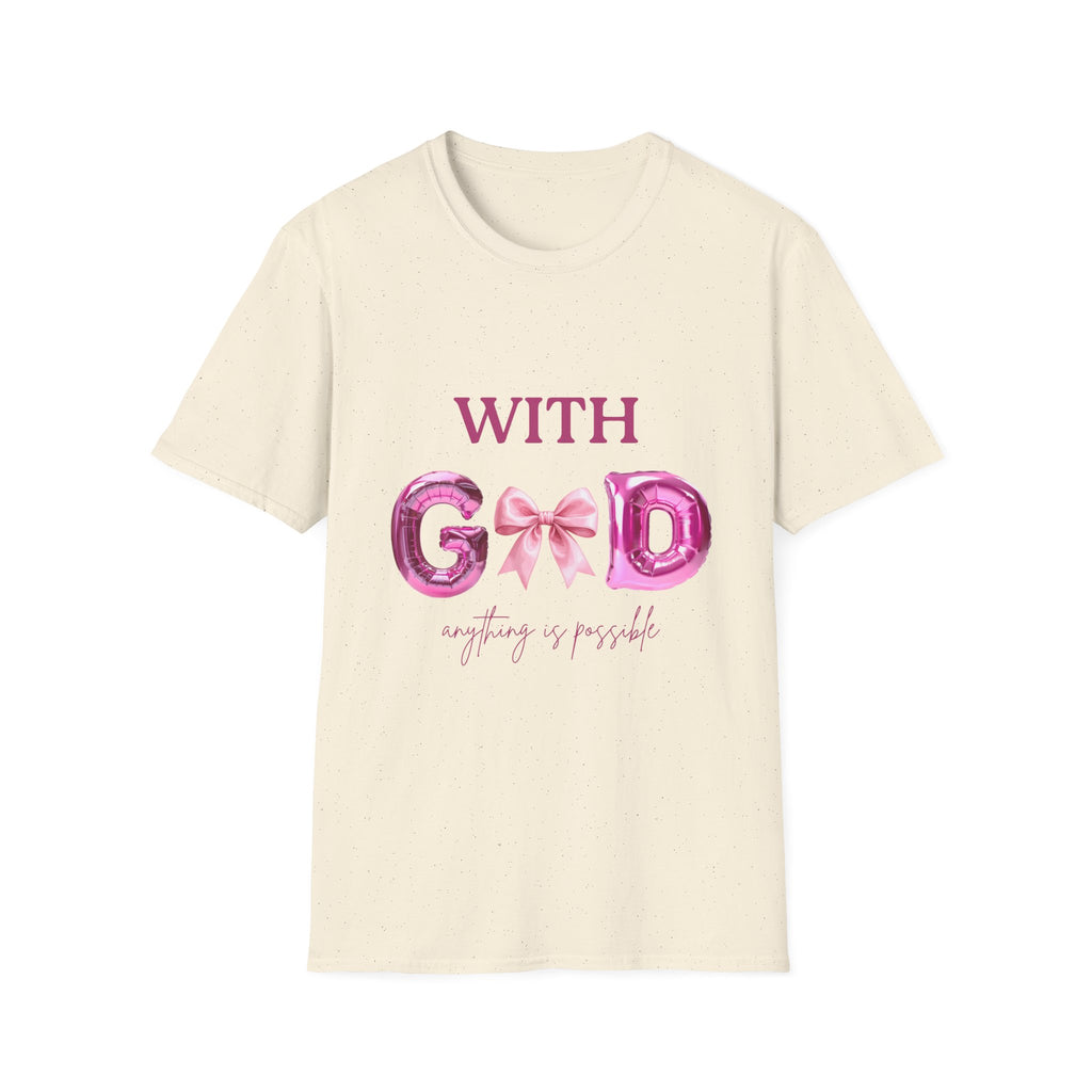 With God T‑Shirt — Pink Balloon Letter Faith Tee
