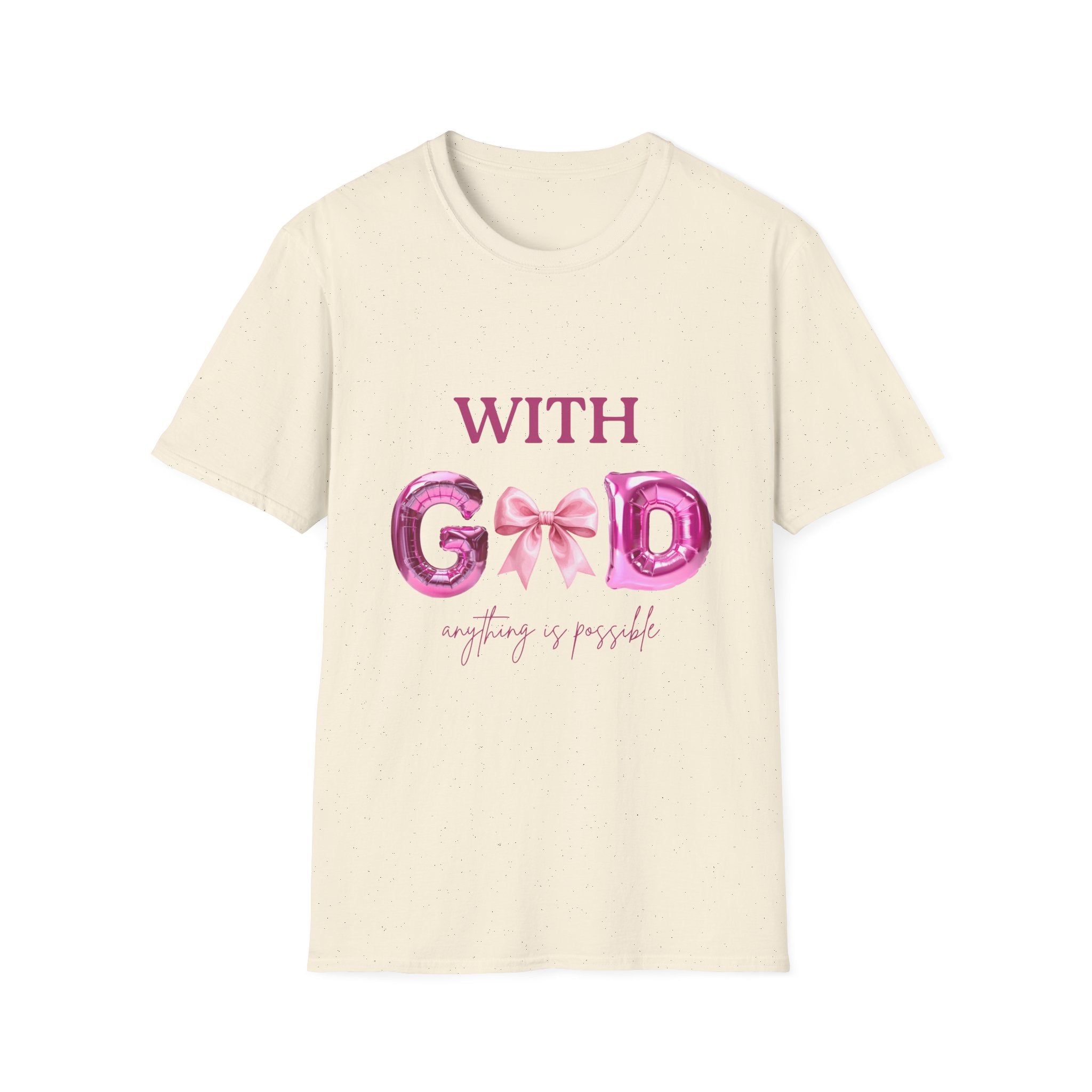 With God T‑Shirt — Pink Balloon Letter Faith Tee