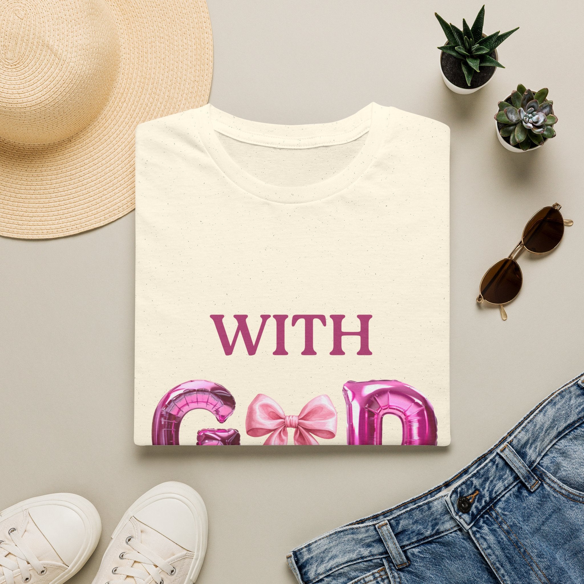 With God T‑Shirt — Pink Balloon Letter Faith Tee