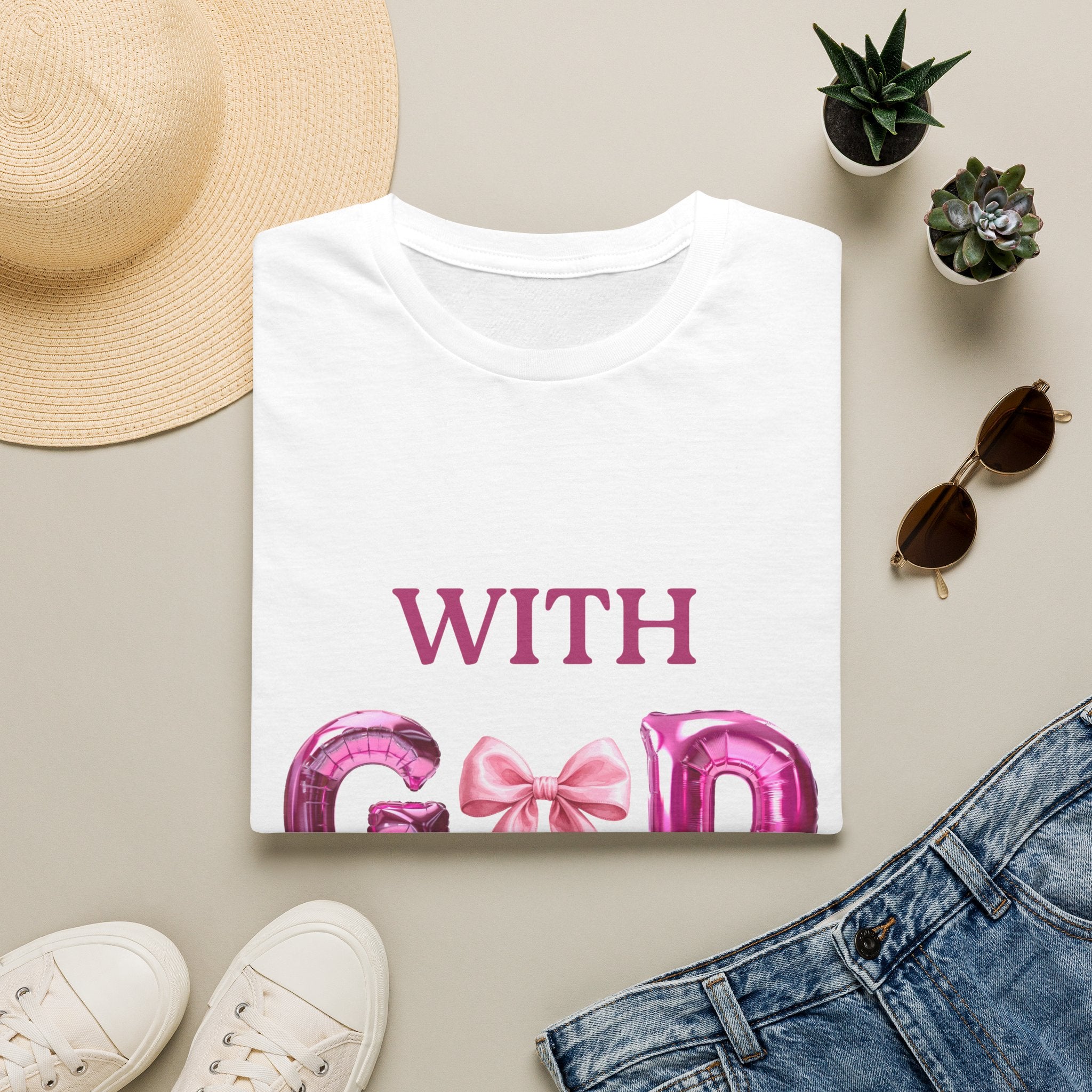 With God T‑Shirt — Pink Balloon Letter Faith Tee