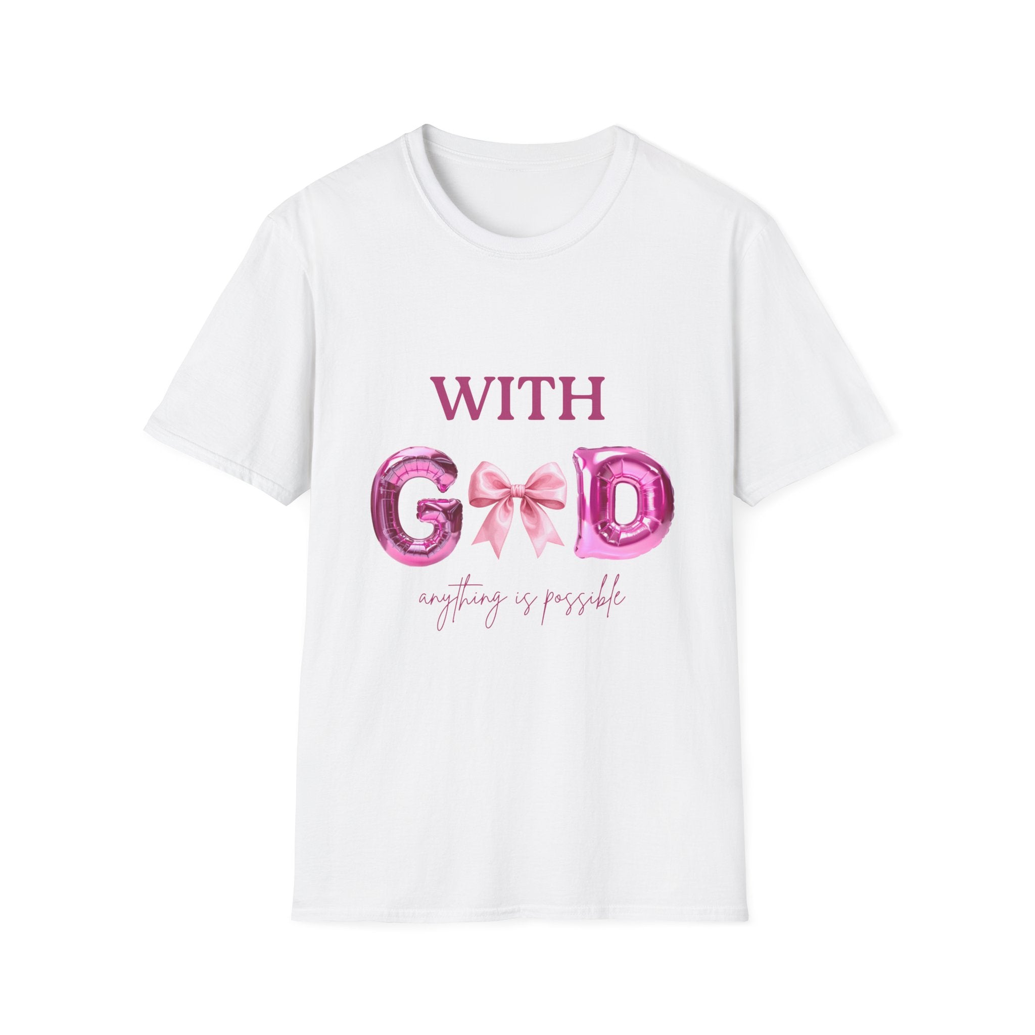 With God T‑Shirt — Pink Balloon Letter Faith Tee
