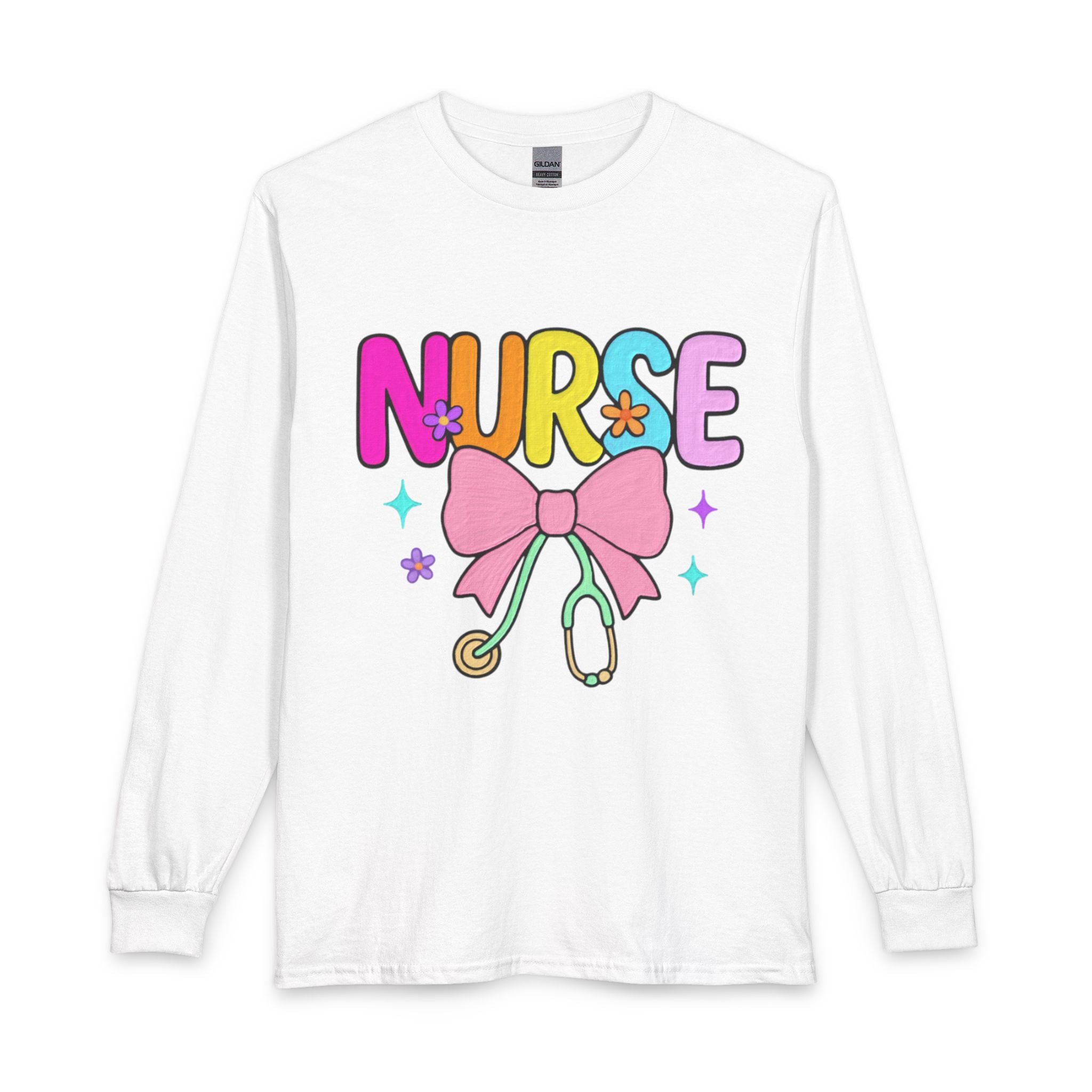 Nurse Long Sleeve T-Shirt — Cute Pastel Stethoscope & Bow Nurse Tee
