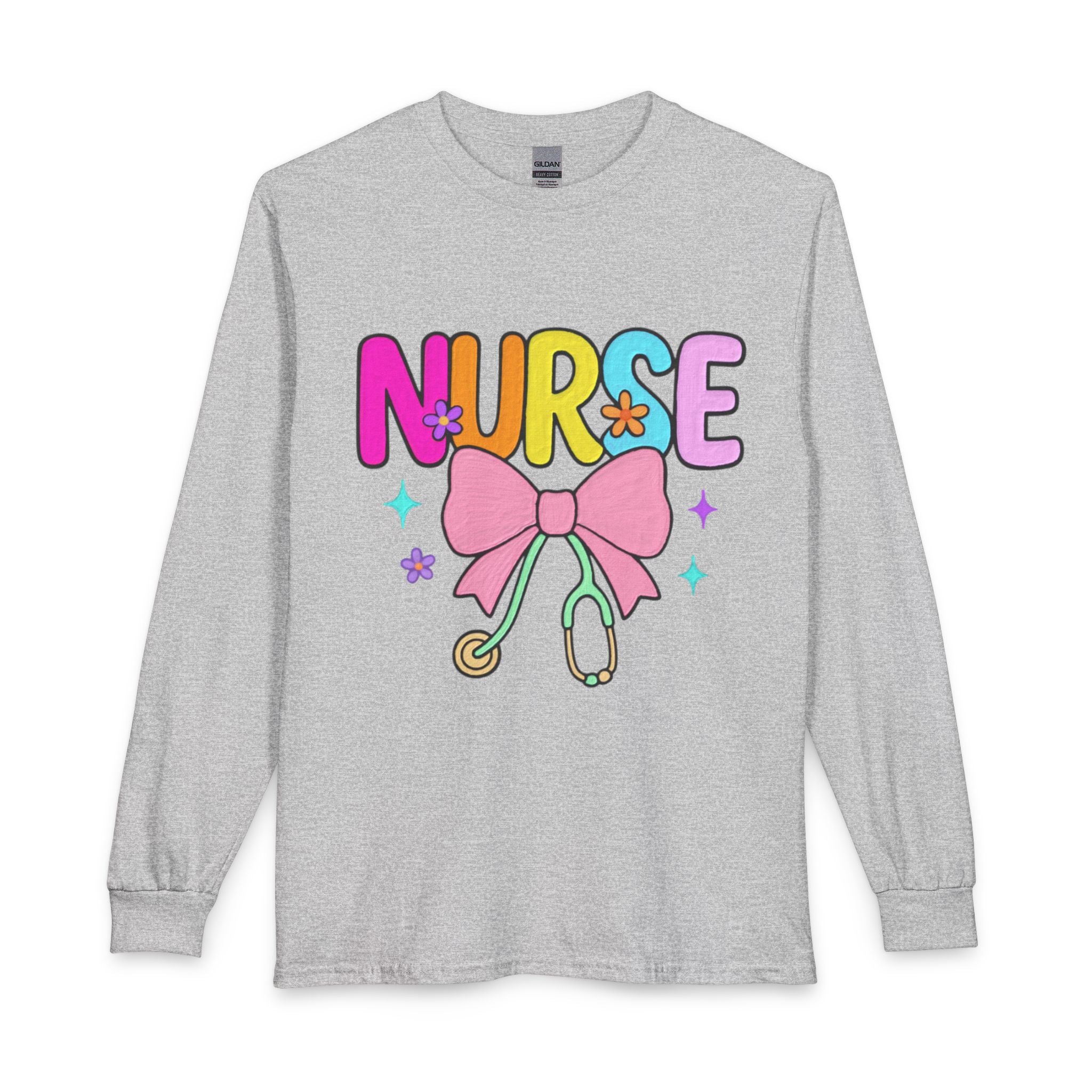 Nurse Long Sleeve T-Shirt — Cute Pastel Stethoscope & Bow Nurse Tee