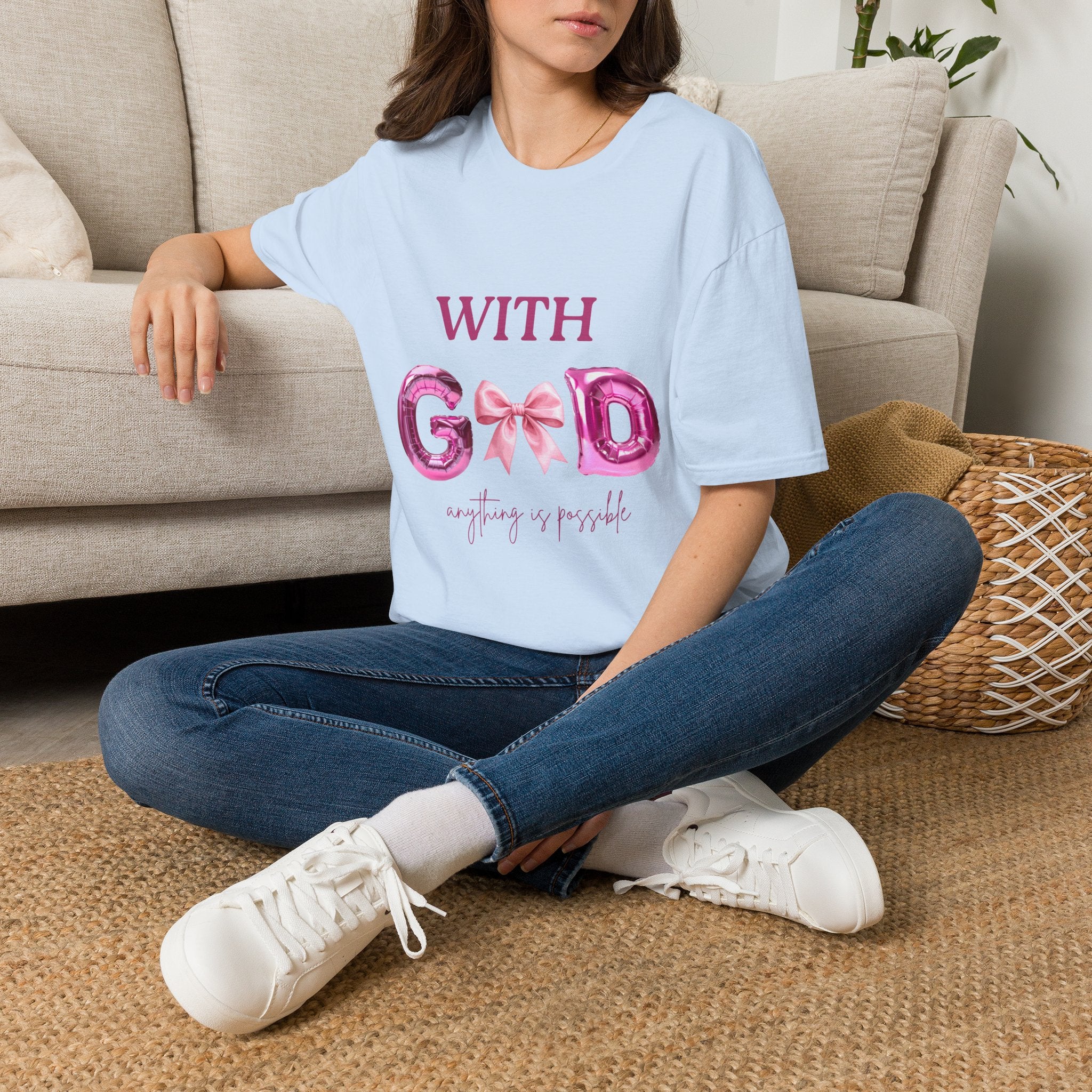 With God T‑Shirt — Pink Balloon Letter Faith Tee