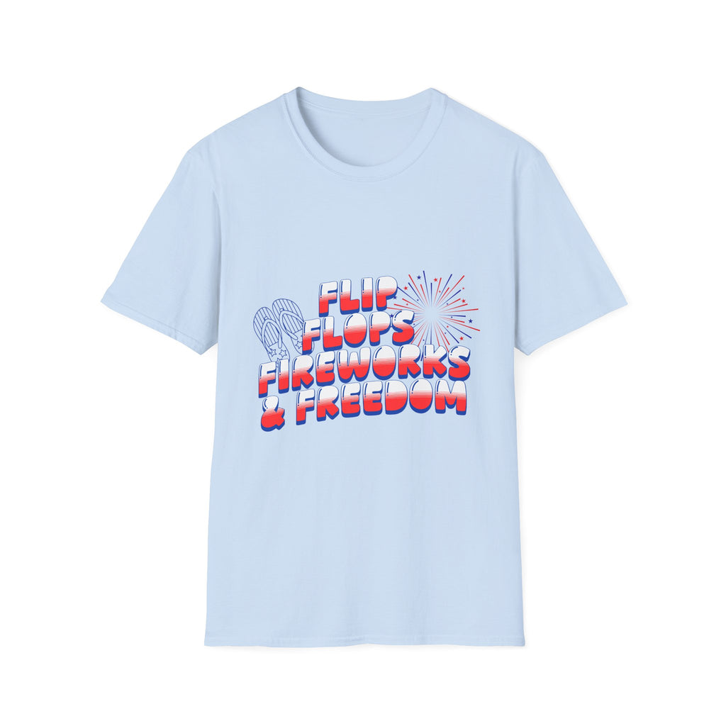 Flip Flops Fireworks Freedom T-Shirt — Patriotic 4th of July Beach Tee