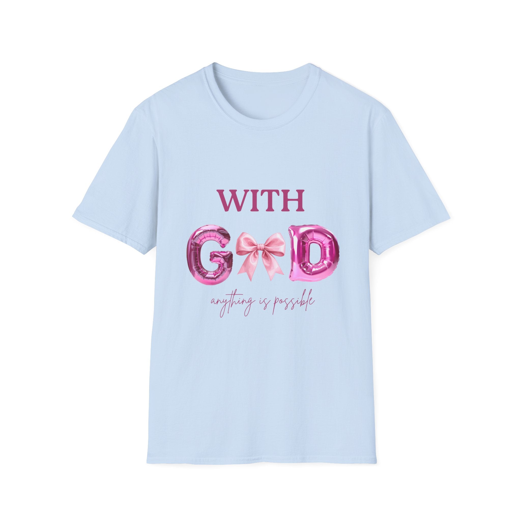 With God T‑Shirt — Pink Balloon Letter Faith Tee