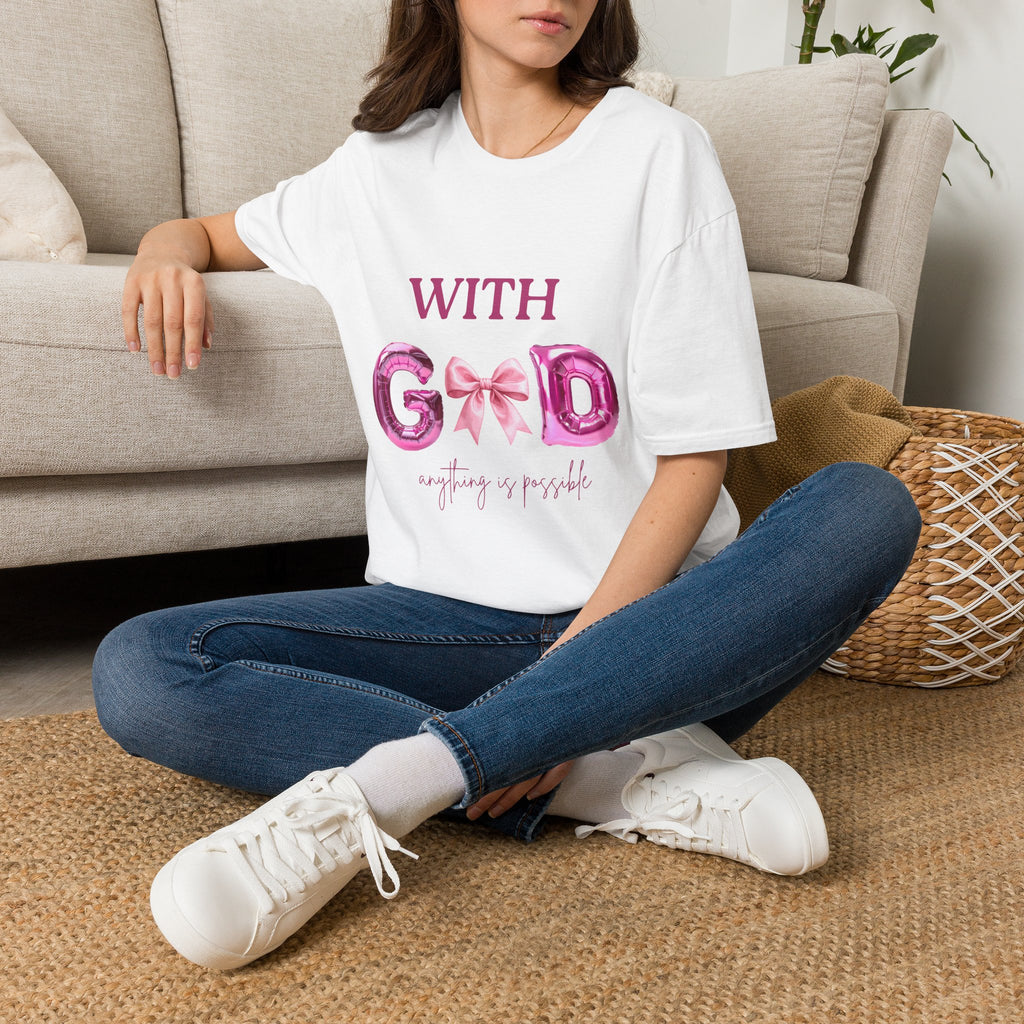 With God T‑Shirt — Pink Balloon Letter Faith Tee