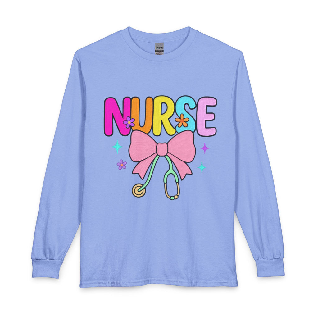 Nurse Long Sleeve T-Shirt — Cute Pastel Stethoscope & Bow Nurse Tee