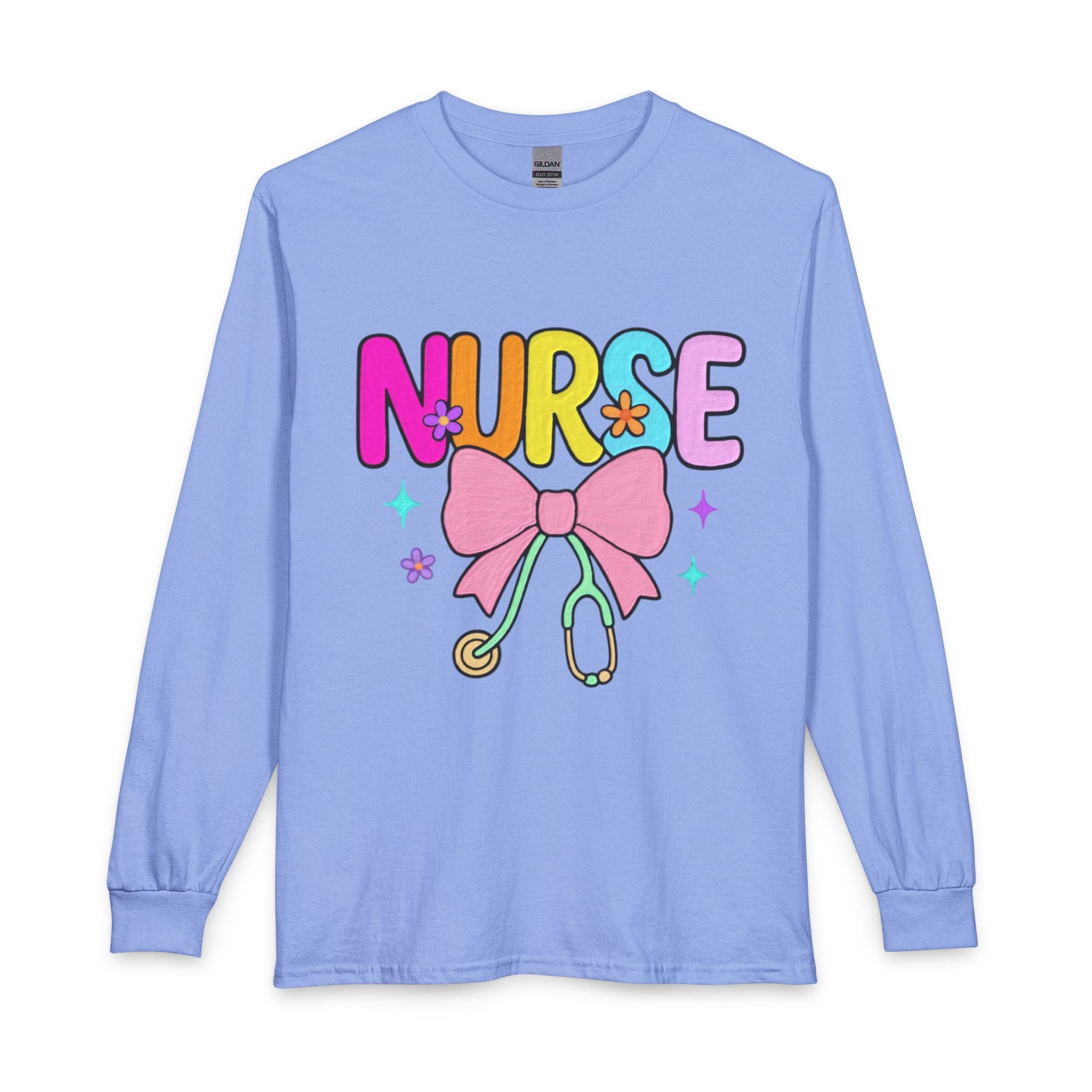 Nurse Long Sleeve T-Shirt — Cute Pastel Stethoscope & Bow Nurse Tee