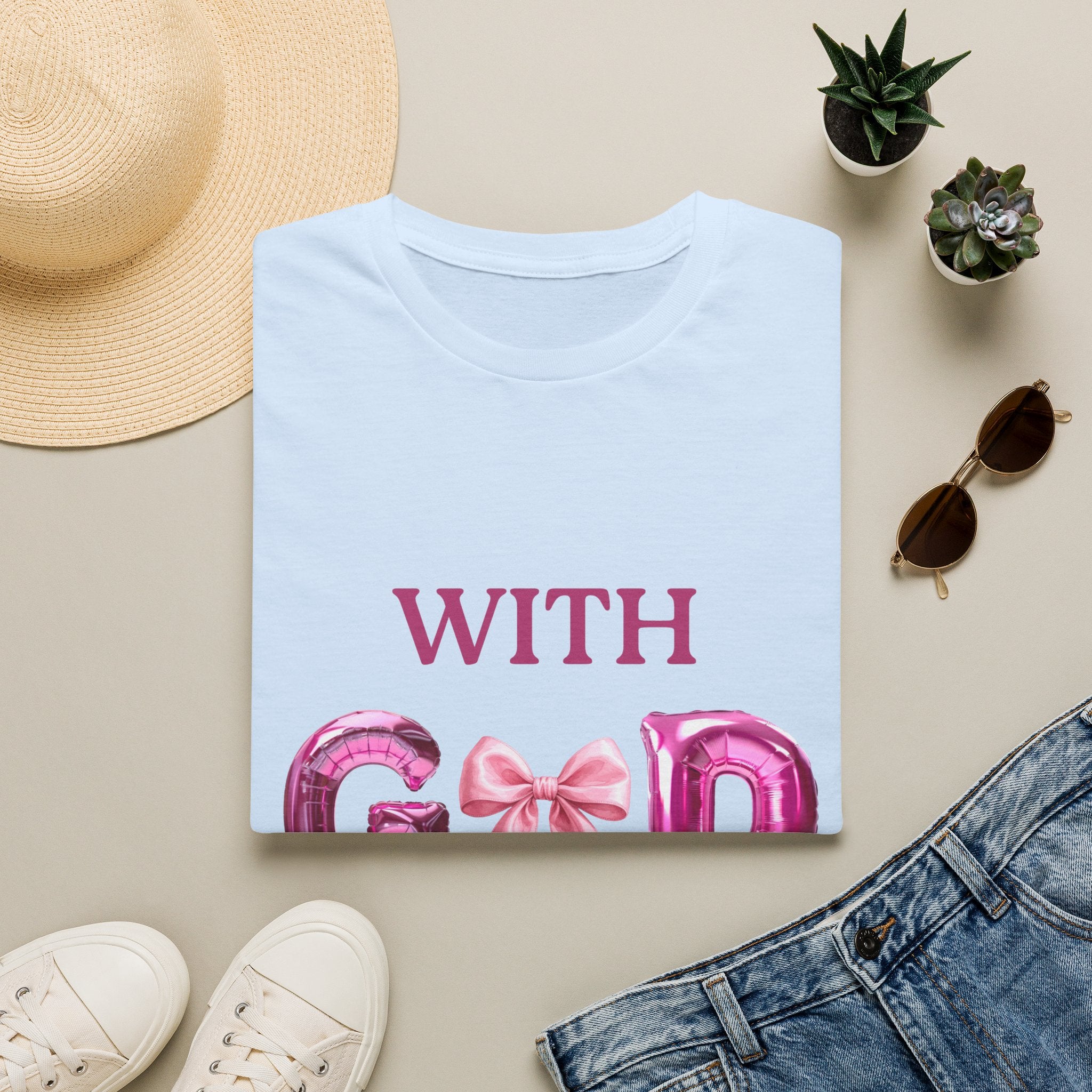 With God T‑Shirt — Pink Balloon Letter Faith Tee