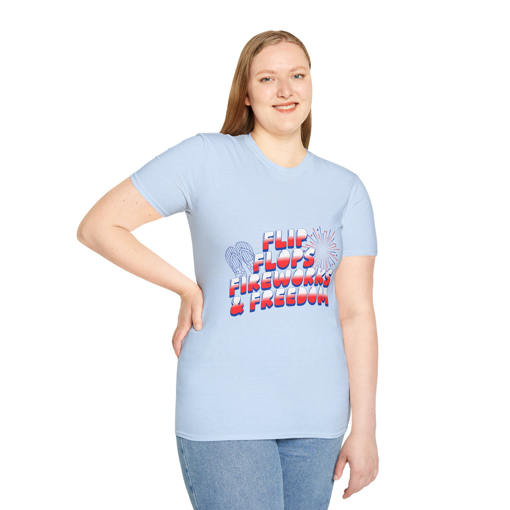 Flip Flops Fireworks Freedom T-Shirt — Patriotic 4th of July Beach Tee